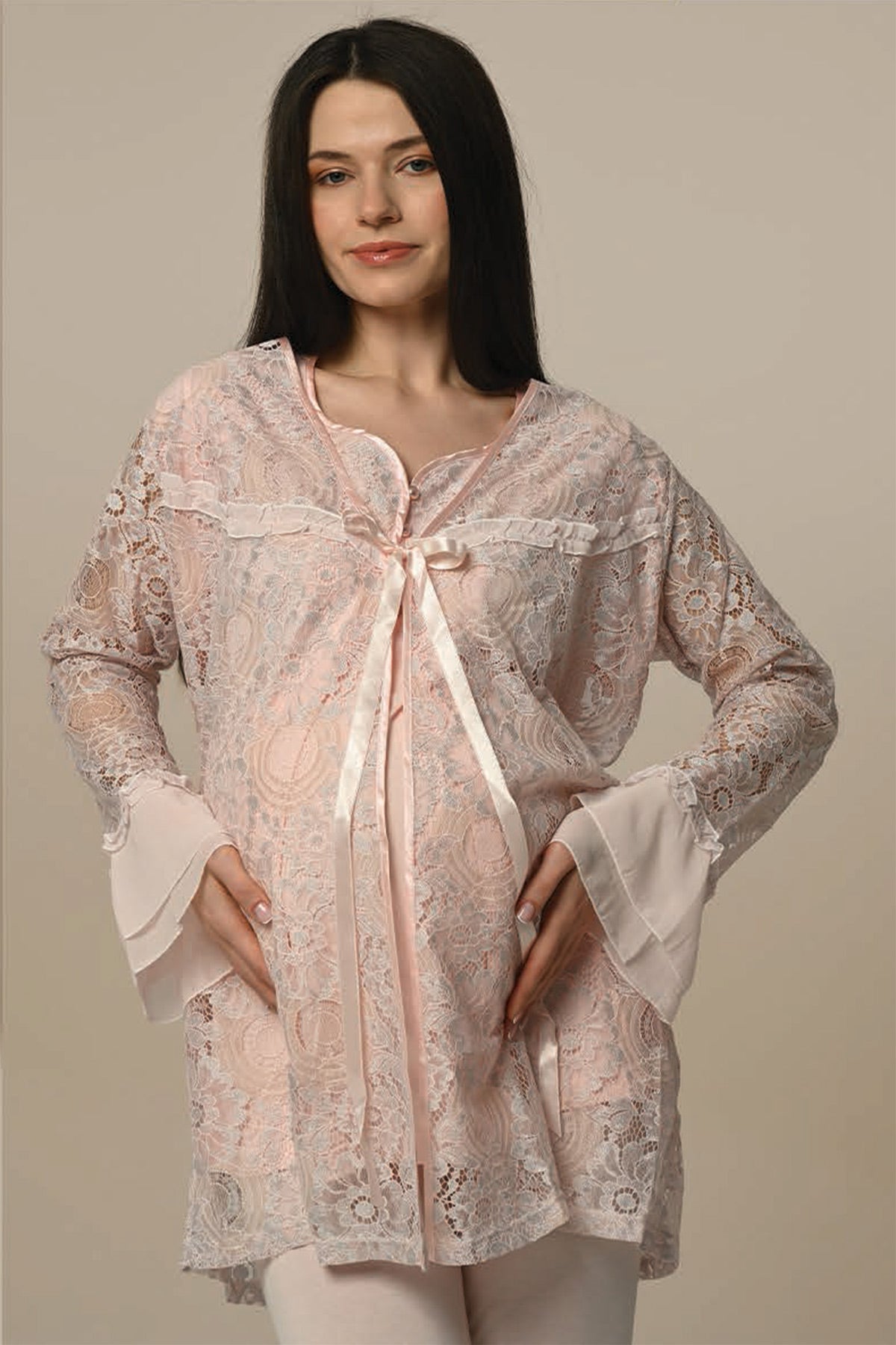 Lace Collar 3-Piece Maternity Feeding-Friendly Pajama & Lacy Robe Set - N23341