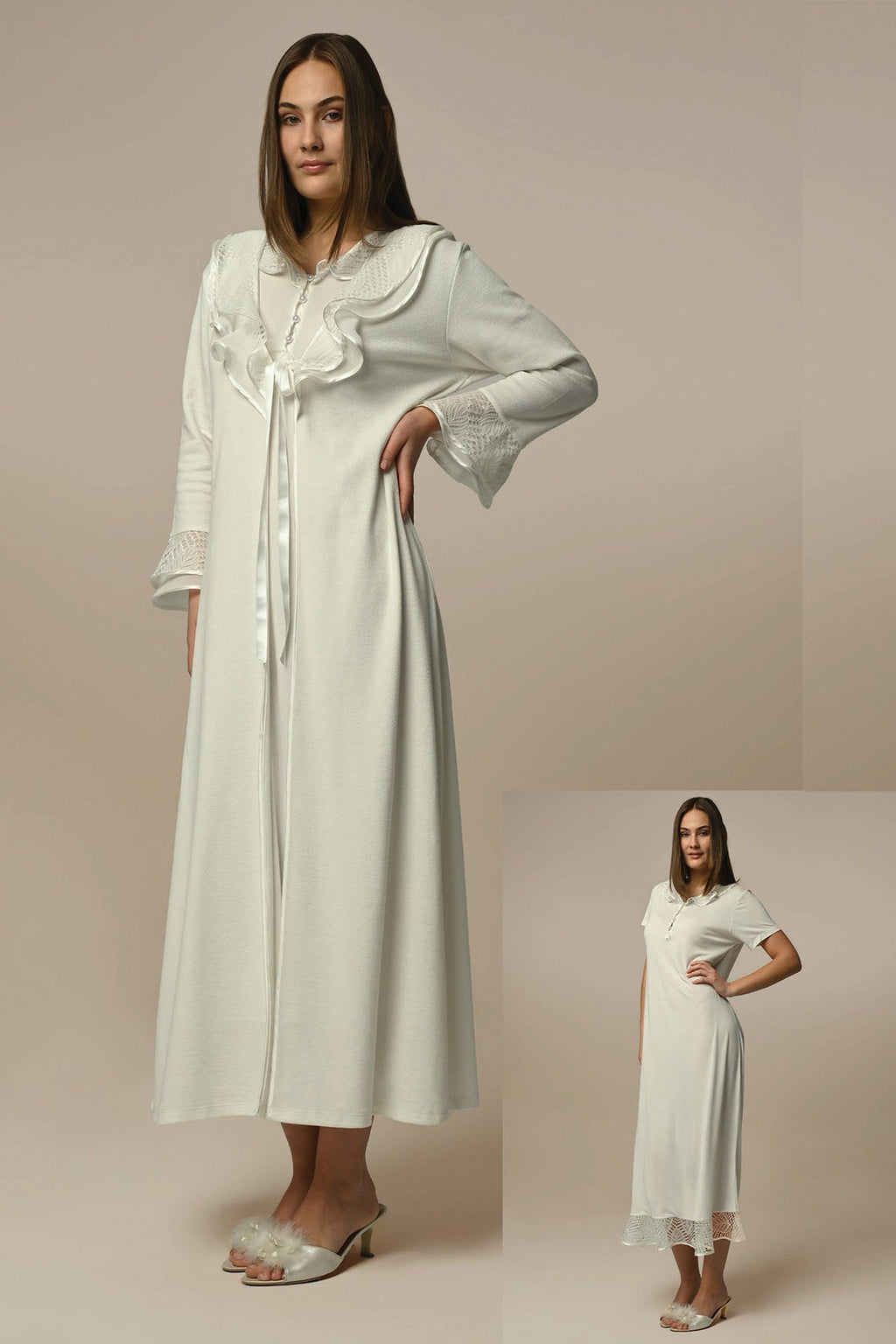 Lace Skirt Maternity Feeding-Friendly Nightgown & Robe Set - N24513