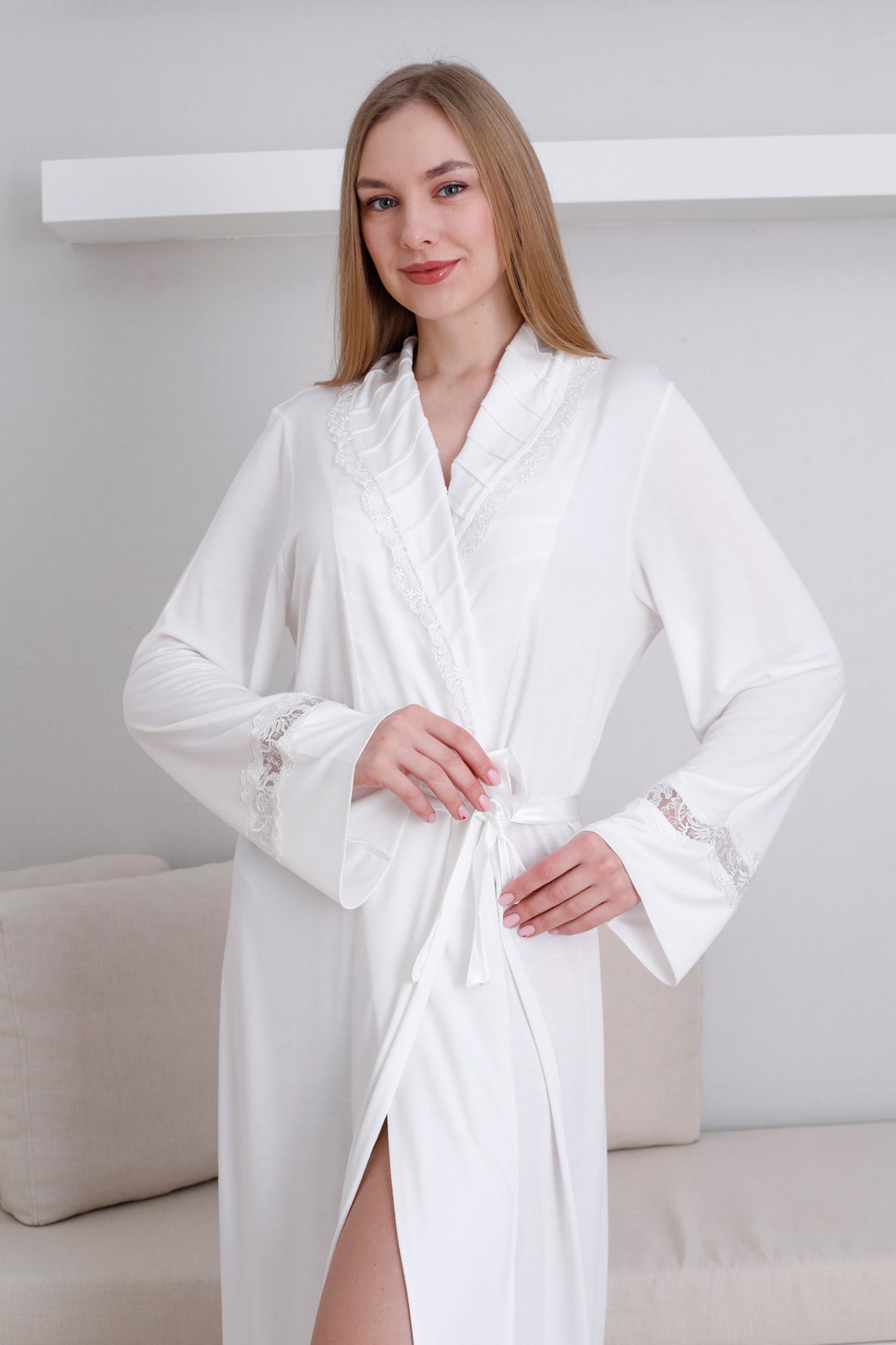 Lace Detailed Maternity Robe Ecru - Z0820