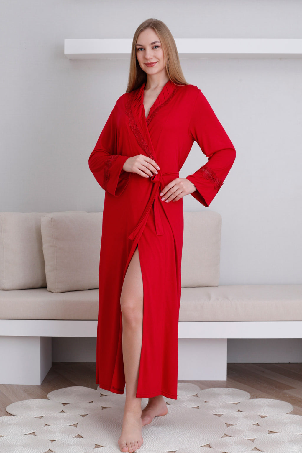 Lace Detailed Maternity Robe Claret Red - Z0820