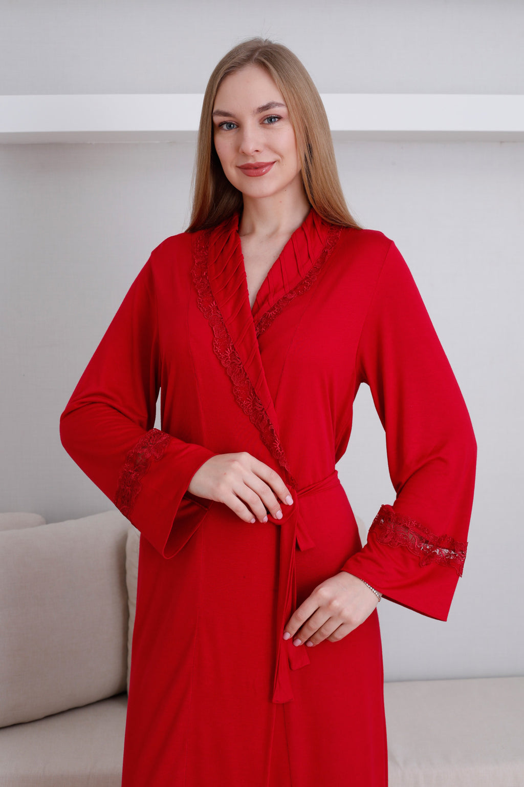 Lace Detailed Maternity Robe Claret Red - Z0820