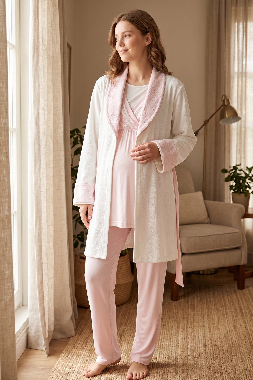 طقم بيجامة للحوامل والرضاعة ورداء جاكار مكون من 3 قطع من Pink Lacy وردي - 1000