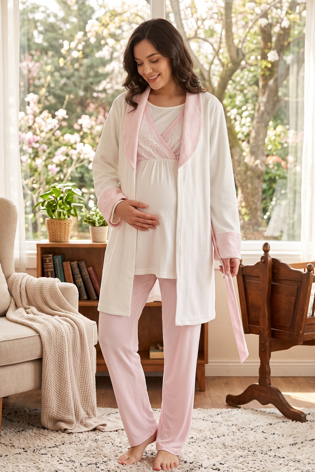 طقم بيجامة للحوامل والرضاعة ورداء جاكار مكون من 3 قطع من Pink Lacy وردي - 1000