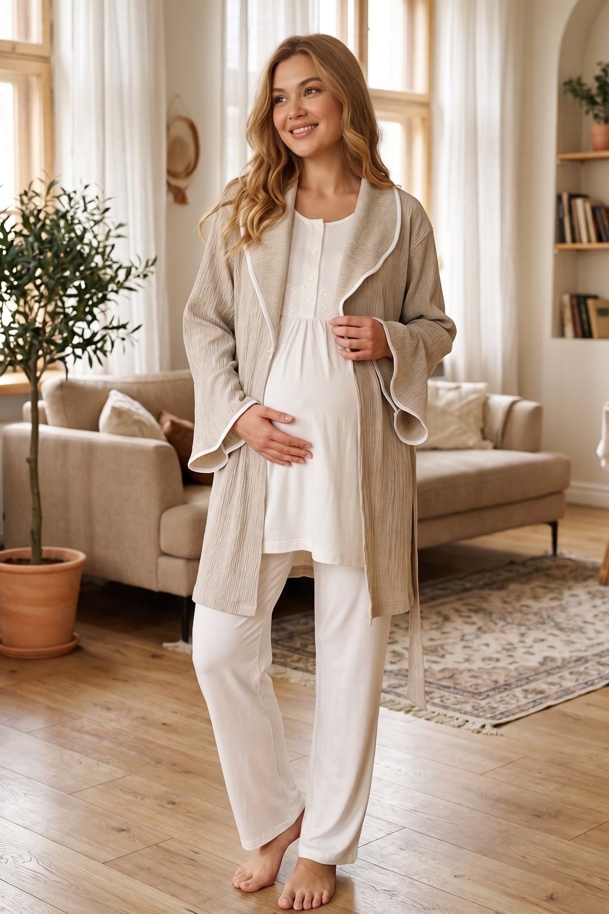 Guipure Collar 3-Piece Maternity Feeding-Friendly Pajama & Crepe Robe Set Beige - L1005