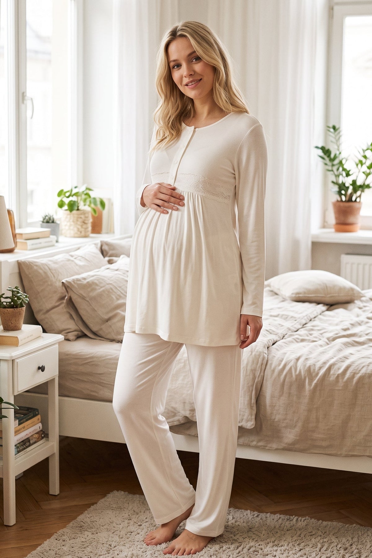 Guipure Collar 3-Piece Maternity Feeding-Friendly Pajama & Crepe Robe Set Beige - L1005