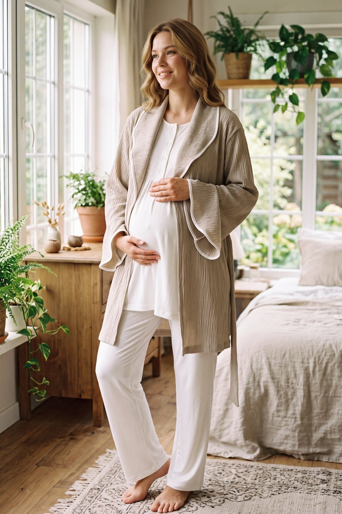 Guipure Collar 3-Piece Maternity Feeding-Friendly Pajama & Crepe Robe Set Beige - L1005