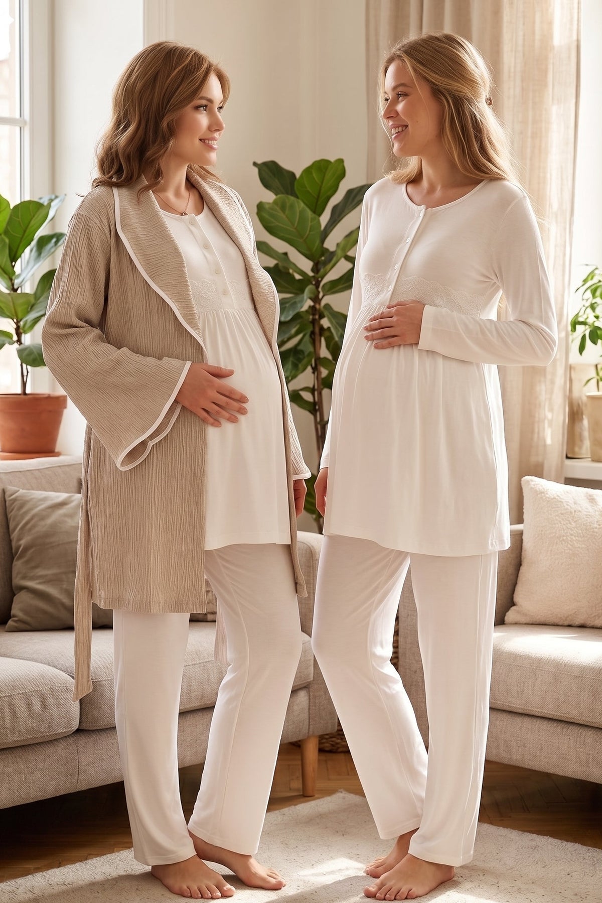 Guipure Collar 3-Piece Maternity Feeding-Friendly Pajama & Crepe Robe Set Beige - L1005