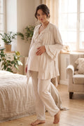 Pleated Collar 3-Piece Maternity Feeding-Friendly Pajama & Flywheel Arm Robe Set Beige - L1011