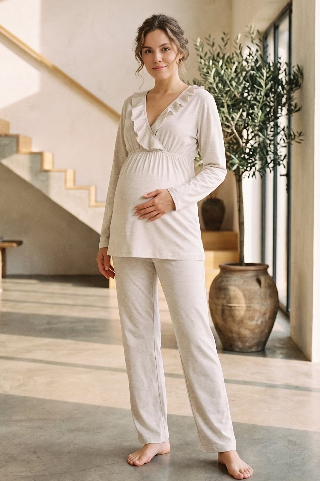 Pleated Collar 3-Piece Maternity Feeding-Friendly Pajama & Flywheel Arm Robe Set Beige - L1011