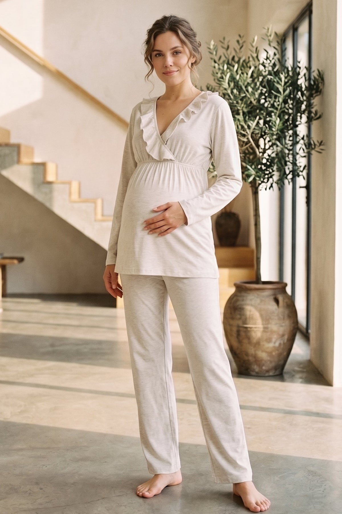 Pleated Collar 3-Piece Maternity Feeding-Friendly Pajama & Flywheel Arm Robe Set Beige - L1011