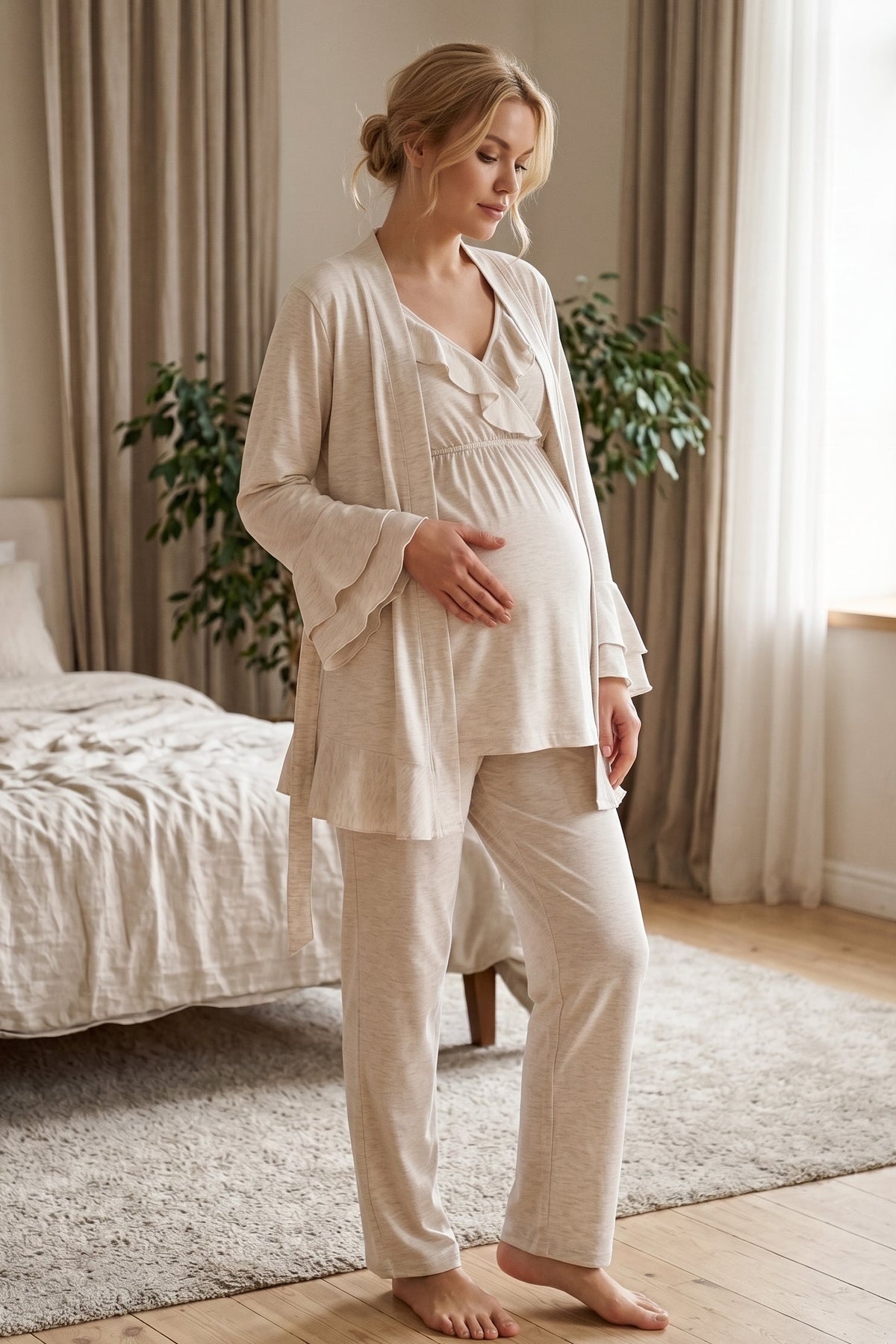 Pleated Collar 3-Piece Maternity Feeding-Friendly Pajama & Flywheel Arm Robe Set Beige - L1011