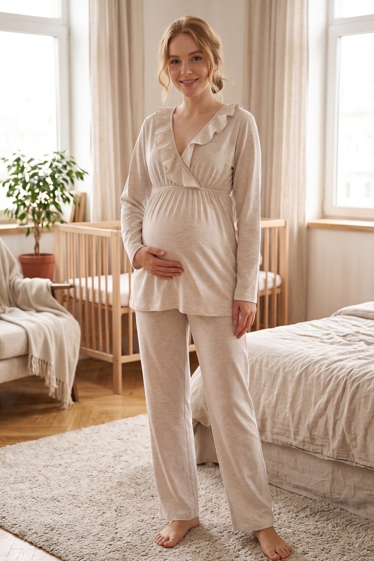 Pleated Collar 3-Piece Maternity Feeding-Friendly Pajama & Flywheel Arm Robe Set Beige - L1011