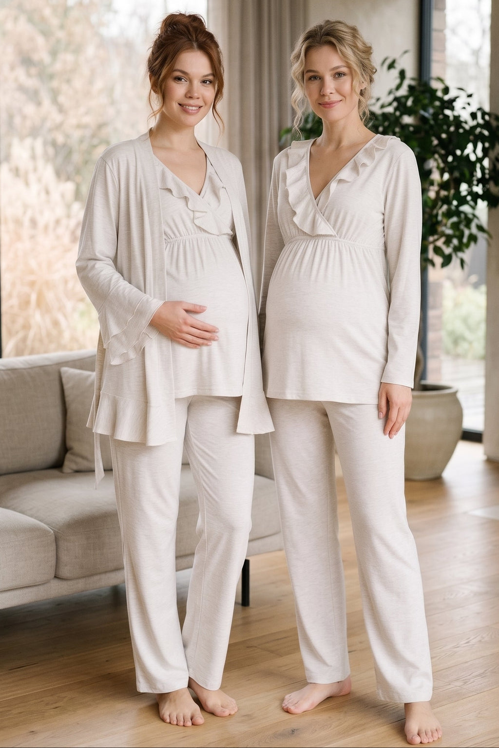 Pleated Collar 3-Piece Maternity Feeding-Friendly Pajama & Flywheel Arm Robe Set Beige - L1011