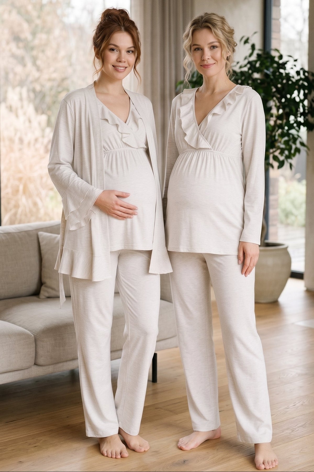 Pleated Collar 3-Piece Maternity Feeding-Friendly Pajama & Flywheel Arm Robe Set Beige - L1011