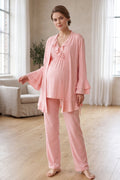 Pleated Collar 3-Piece Maternity Feeding-Friendly Pajama & Flywheel Arm Robe Set Pink - L1013