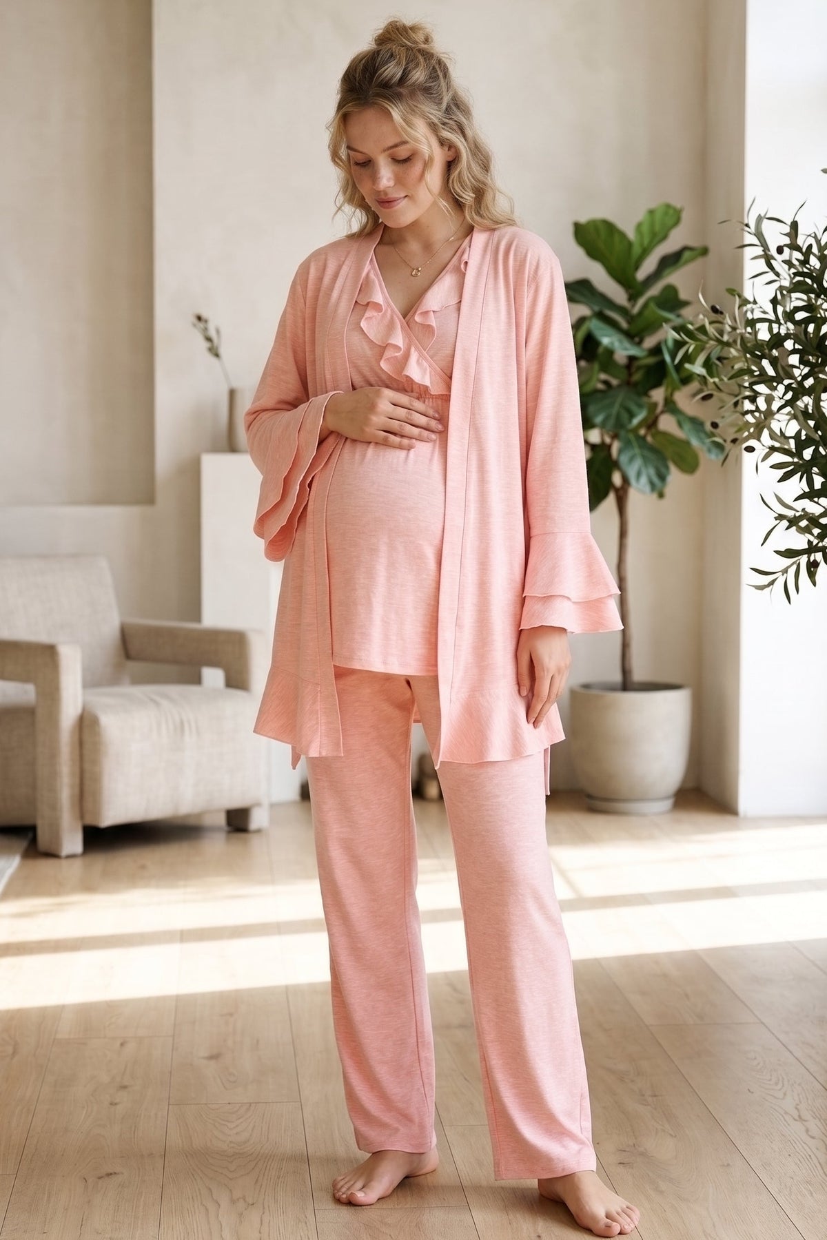 Pleated Collar 3-Piece Maternity Feeding-Friendly Pajama & Flywheel Arm Robe Set Pink - L1013