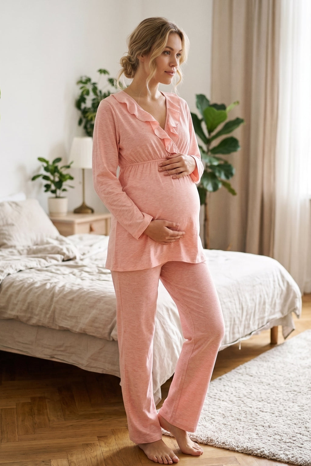 Pleated Collar 3-Piece Maternity Feeding-Friendly Pajama & Flywheel Arm Robe Set Pink - L1013