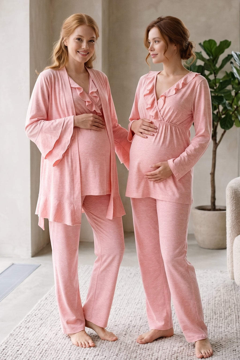 Pleated Collar 3-Piece Maternity Feeding-Friendly Pajama & Flywheel Arm Robe Set Pink - L1013