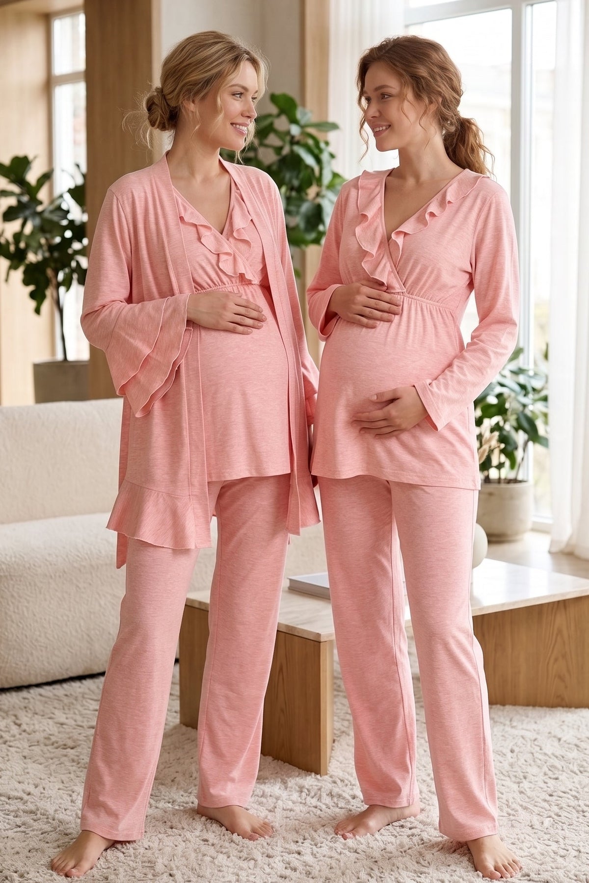 Pleated Collar 3-Piece Maternity Feeding-Friendly Pajama & Flywheel Arm Robe Set Pink - L1013