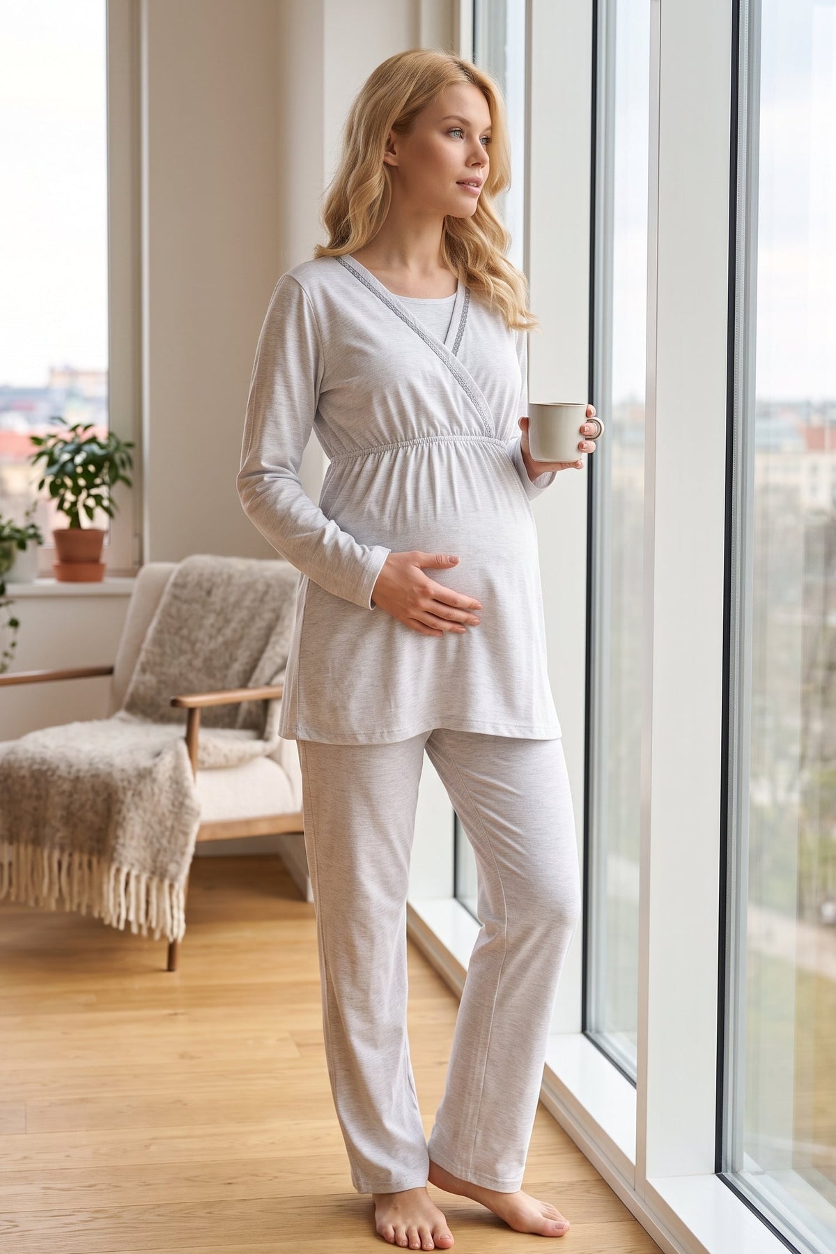 Wrap 3-Piece Maternity Feeding-Friendly Pajama & Polar Robe Set Grey - L1019