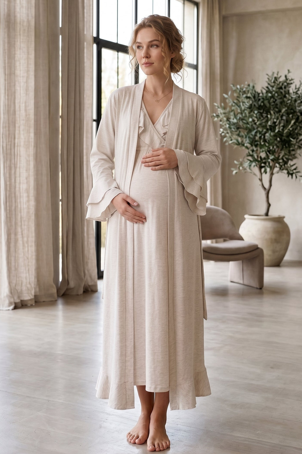 Pleated Collar 2-Piece Maternity Feeding-Friendly Nightgown & Flywheel Arm Robe Set Beige - L1026