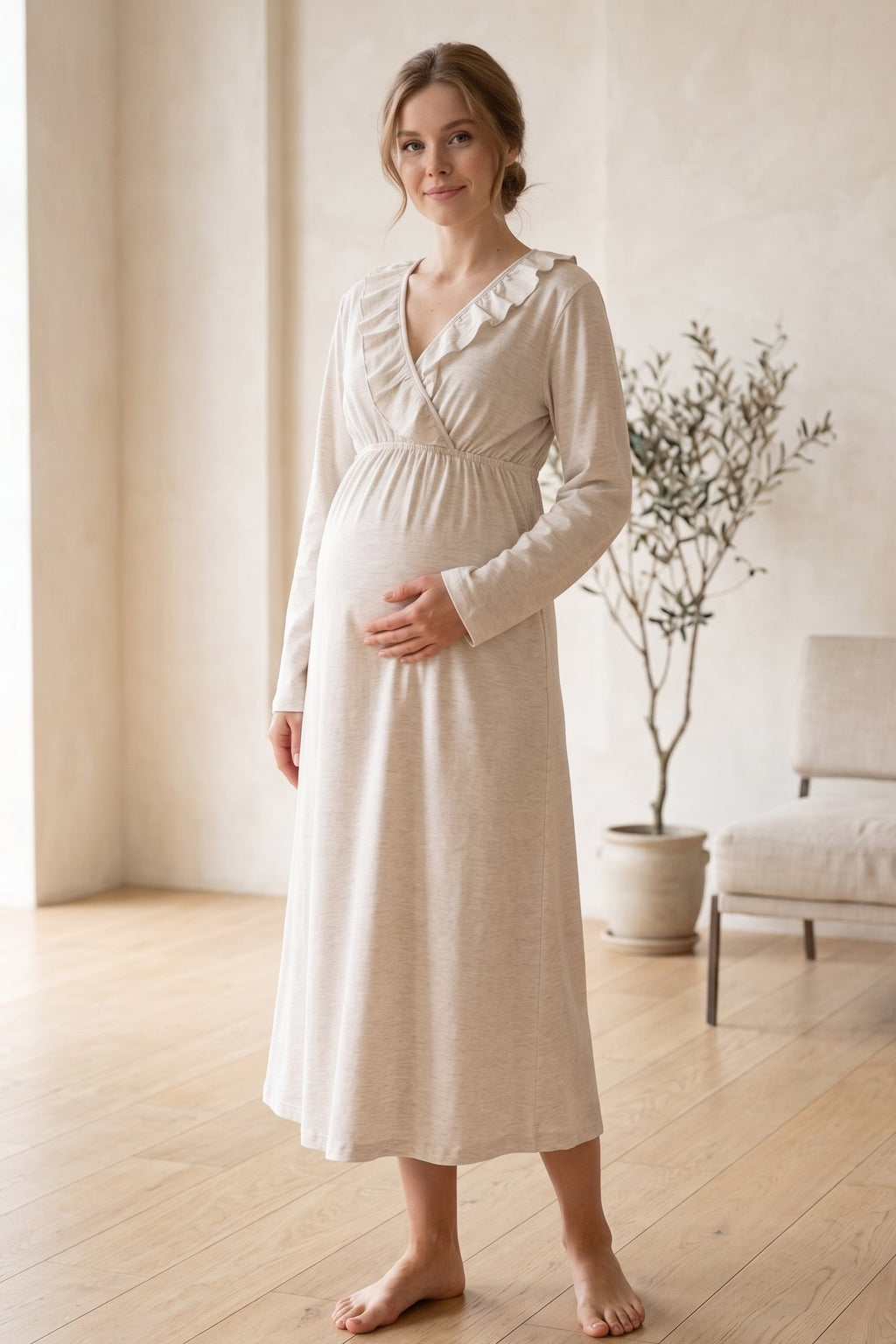 Pleated Collar 2-Piece Maternity Feeding-Friendly Nightgown & Flywheel Arm Robe Set Beige - L1026