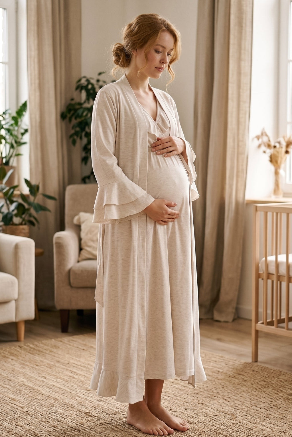 Pleated Collar 2-Piece Maternity Feeding-Friendly Nightgown & Flywheel Arm Robe Set Beige - L1026