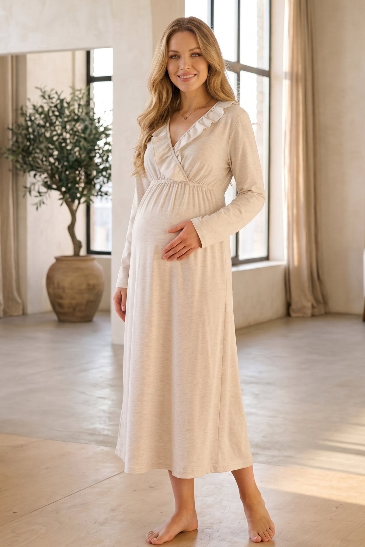 Pleated Collar 2-Piece Maternity Feeding-Friendly Nightgown & Flywheel Arm Robe Set Beige - L1026