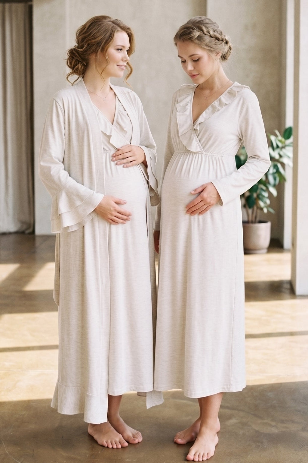 Pleated Collar 2-Piece Maternity Feeding-Friendly Nightgown & Flywheel Arm Robe Set Beige - L1026