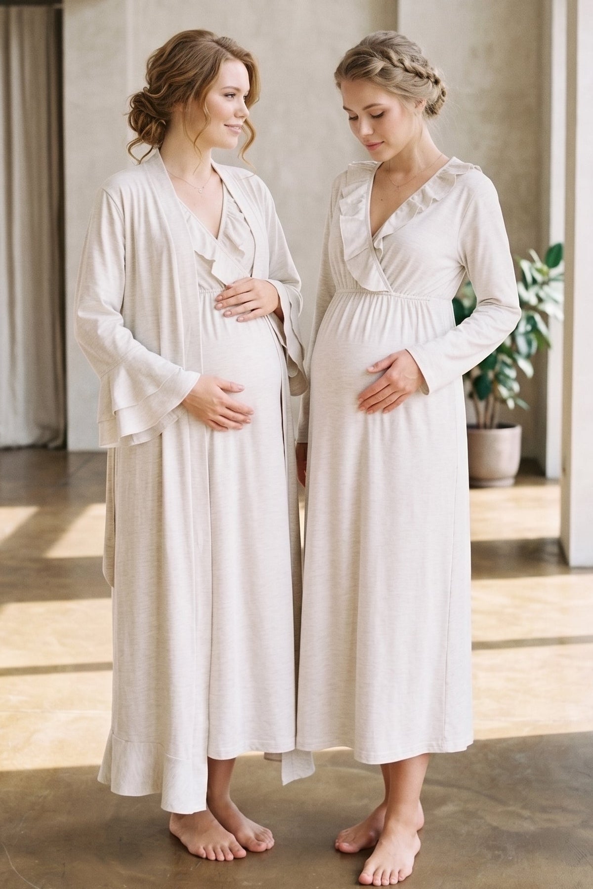 Pleated Collar 2-Piece Maternity Feeding-Friendly Nightgown & Flywheel Arm Robe Set Beige - L1026