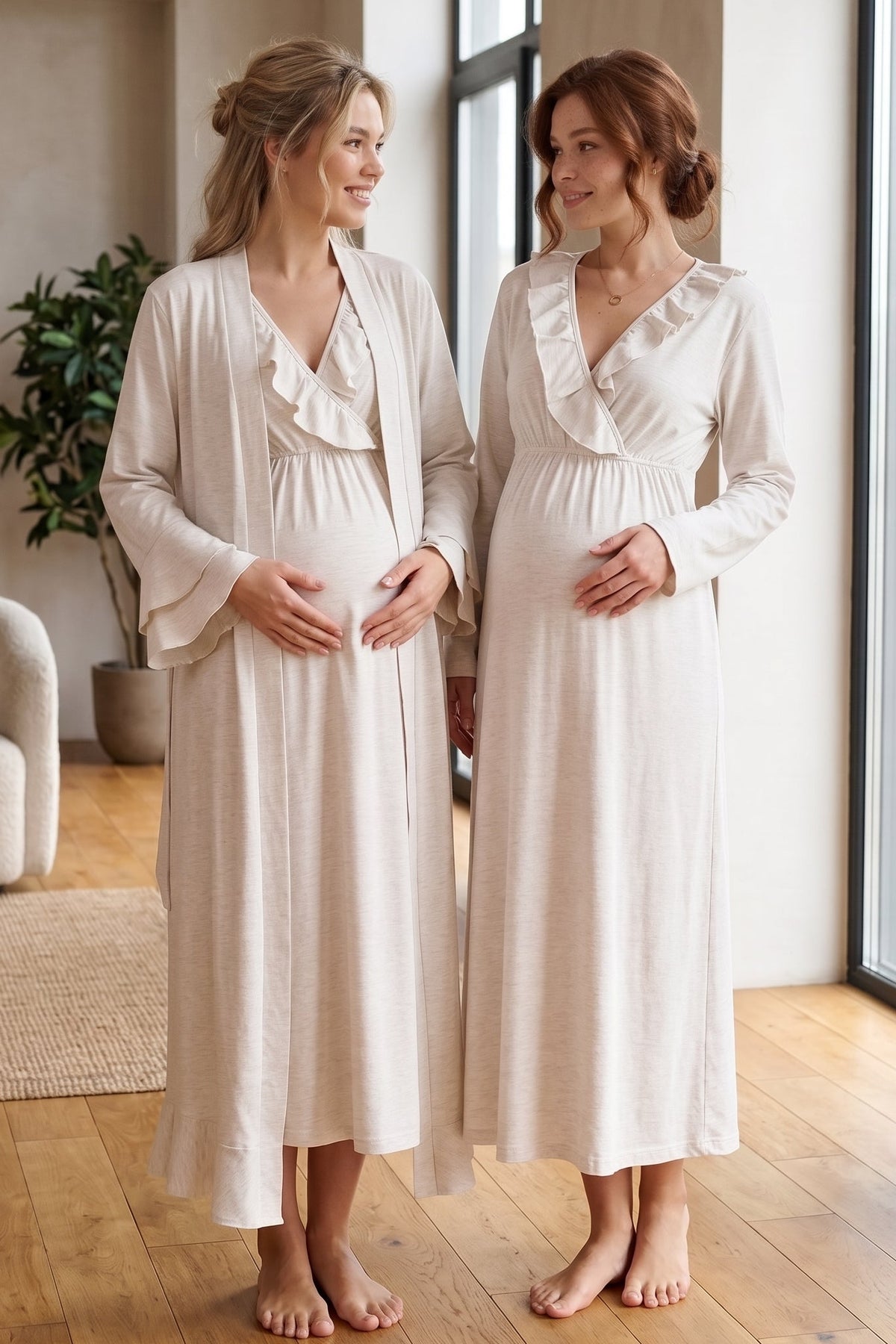 Pleated Collar 2-Piece Maternity Feeding-Friendly Nightgown & Flywheel Arm Robe Set Beige - L1026
