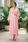 Pleated Collar 2-Piece Maternity Feeding-Friendly Nightgown & Flywheel Arm Robe Set Pink - L1028