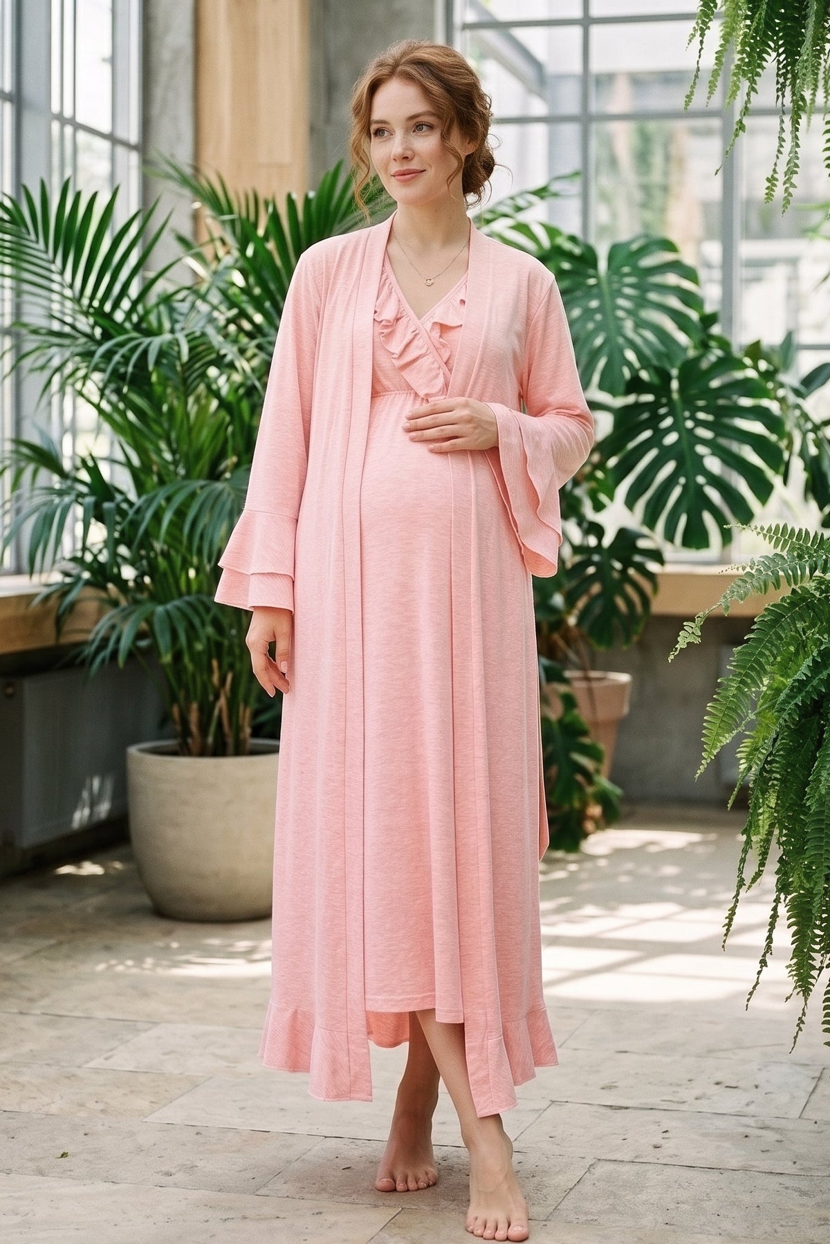 Pleated Collar 2-Piece Maternity Feeding-Friendly Nightgown & Flywheel Arm Robe Set Pink - L1028