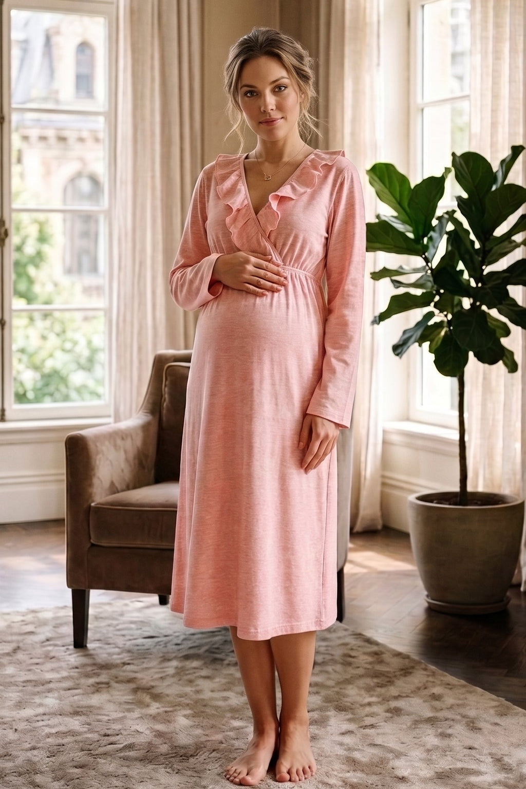Pleated Collar 2-Piece Maternity Feeding-Friendly Nightgown & Flywheel Arm Robe Set Pink - L1028