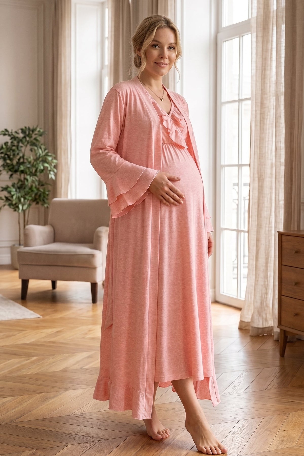 Pleated Collar 2-Piece Maternity Feeding-Friendly Nightgown & Flywheel Arm Robe Set Pink - L1028