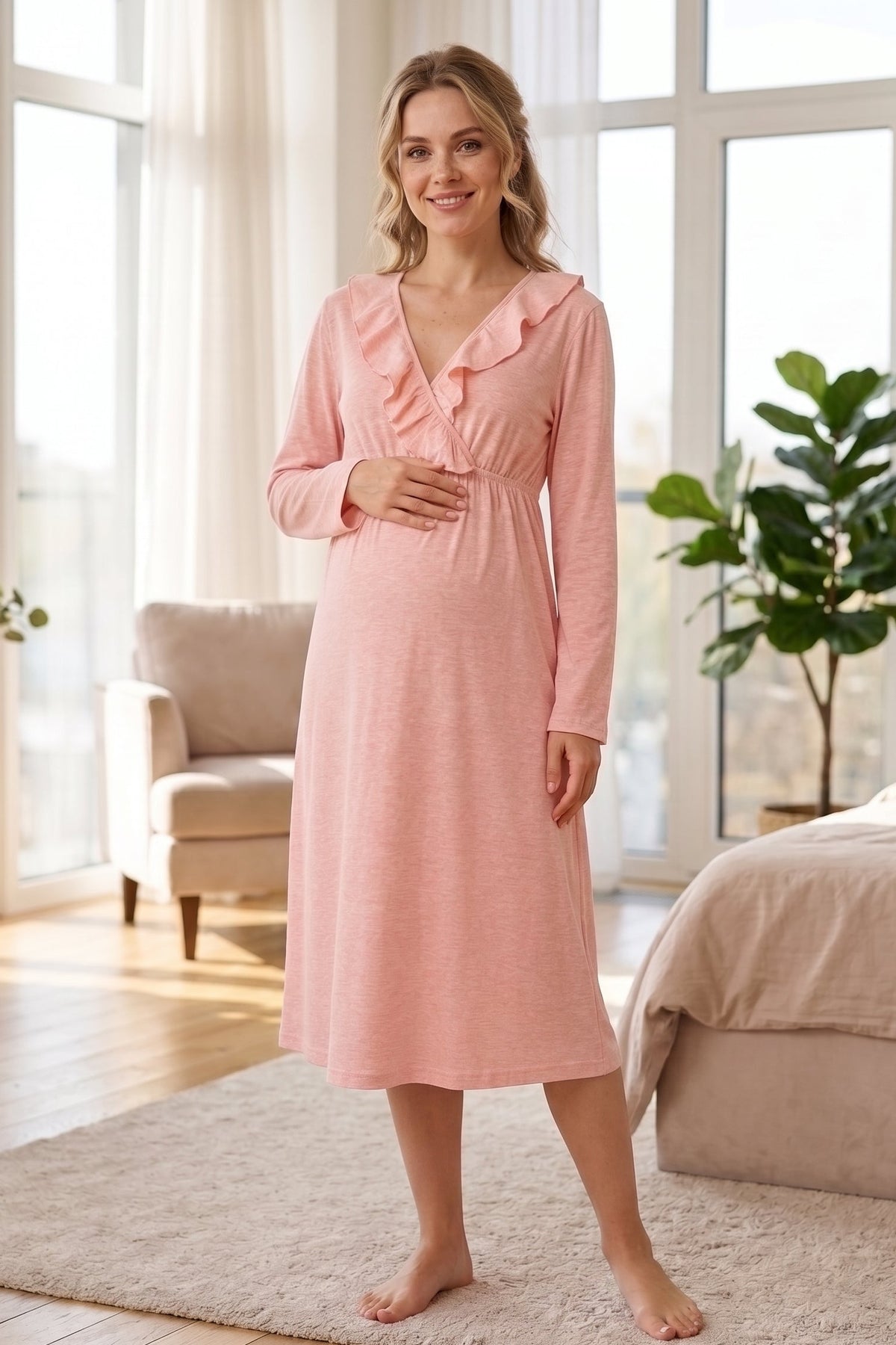 Pleated Collar 2-Piece Maternity Feeding-Friendly Nightgown & Flywheel Arm Robe Set Pink - L1028