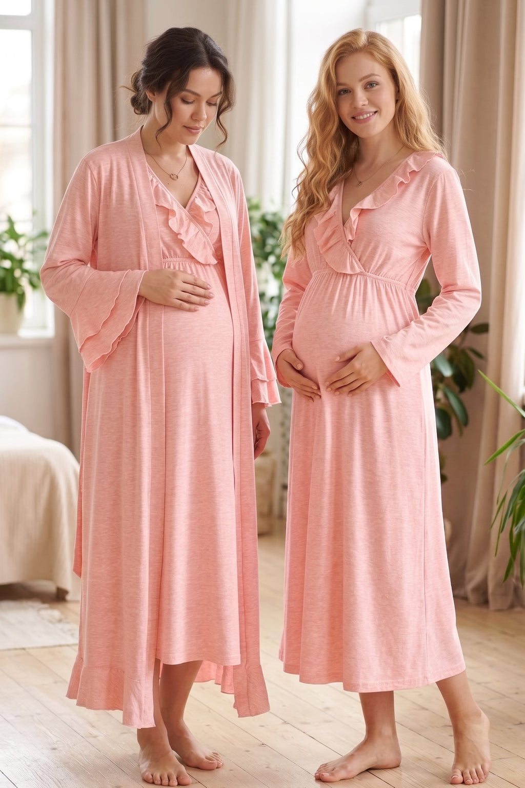 Pleated Collar 2-Piece Maternity Feeding-Friendly Nightgown & Flywheel Arm Robe Set Pink - L1028