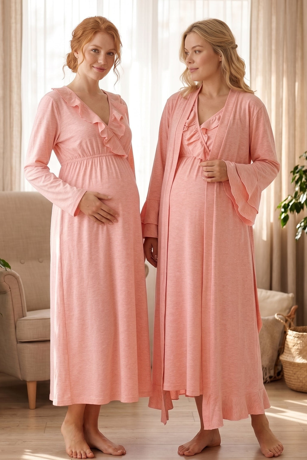 Pleated Collar 2-Piece Maternity Feeding-Friendly Nightgown & Flywheel Arm Robe Set Pink - L1028