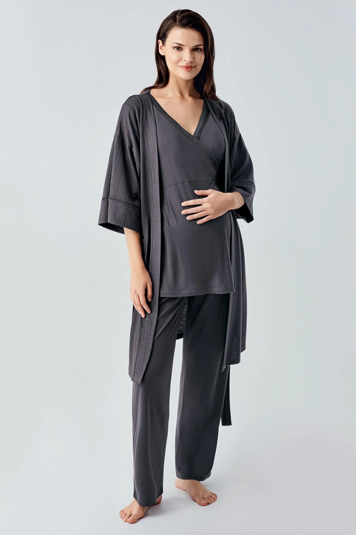 Double Breasted 3-Piece Maternity Feeding-Friendly Pajama & Robe Set Anthracite - S10302
