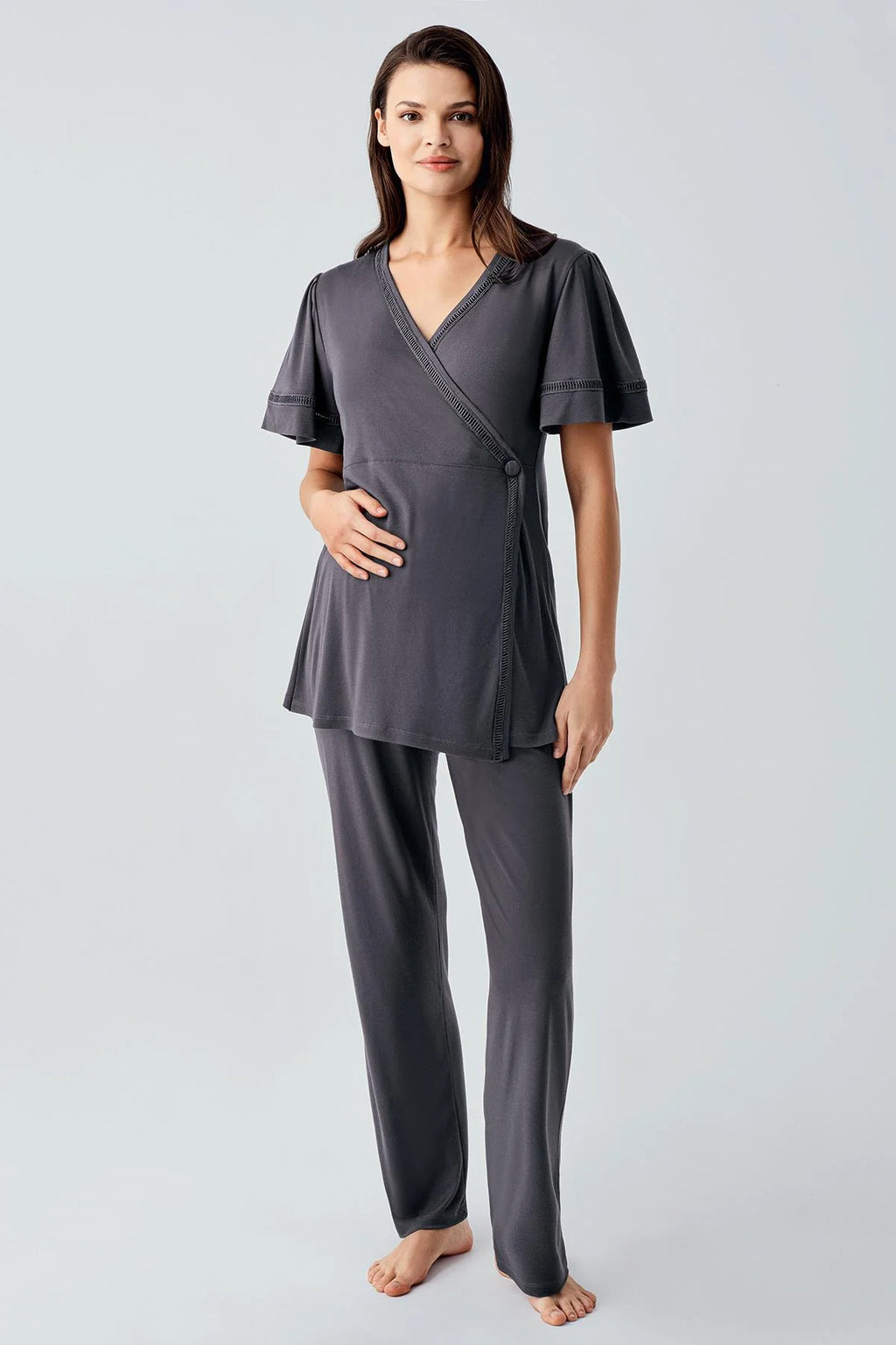 Double Breasted 3-Piece Maternity Feeding-Friendly Pajama & Robe Set Anthracite - S10302