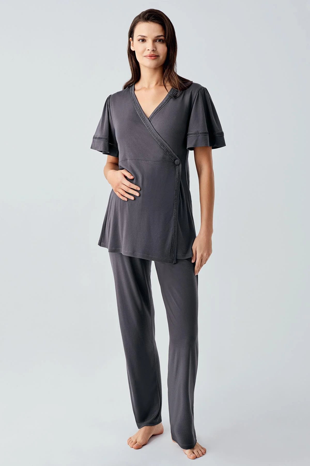 Double Breasted 3-Piece Maternity Feeding-Friendly Pajama & Robe Set Anthracite - S10302