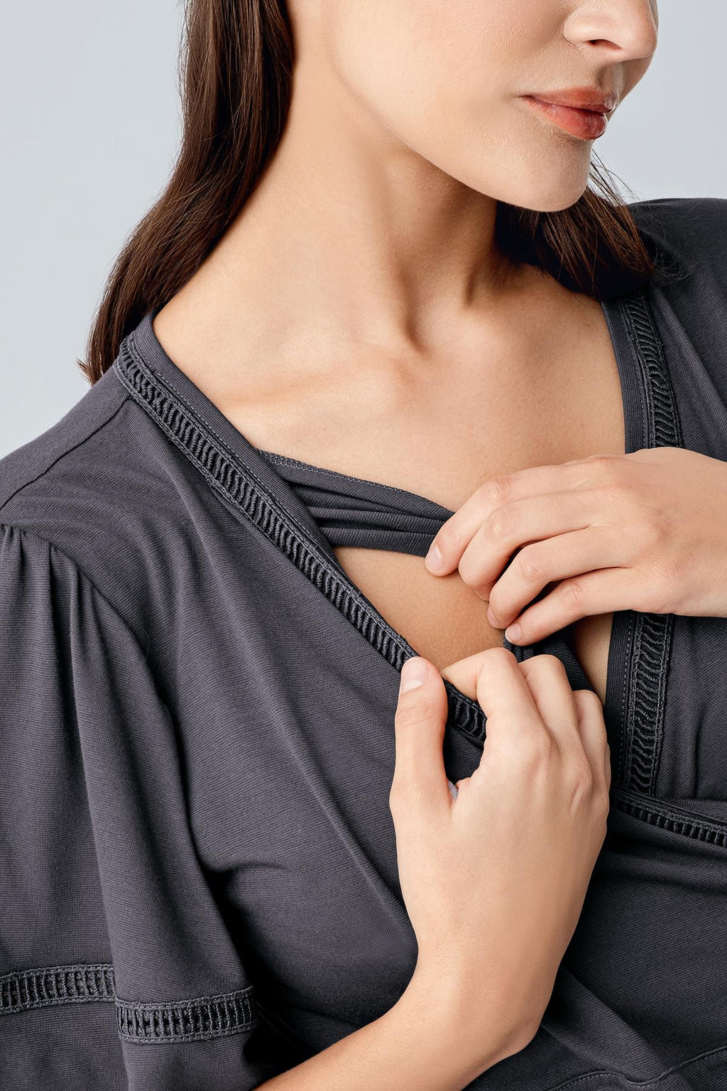 Double Breasted 3-Piece Maternity Feeding-Friendly Pajama & Robe Set Anthracite - S10302