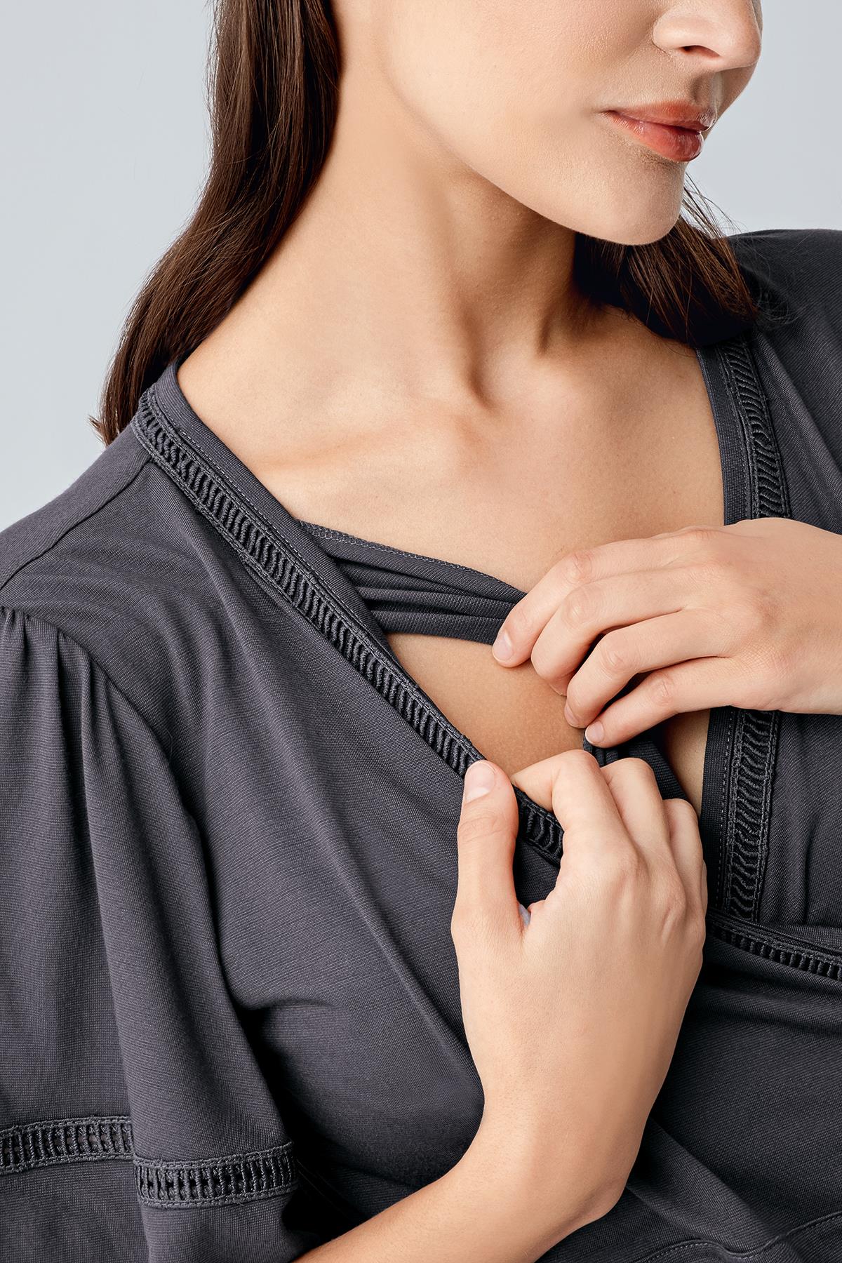 Double Breasted 3-Piece Maternity Feeding-Friendly Pajama & Robe Set Anthracite - S10302