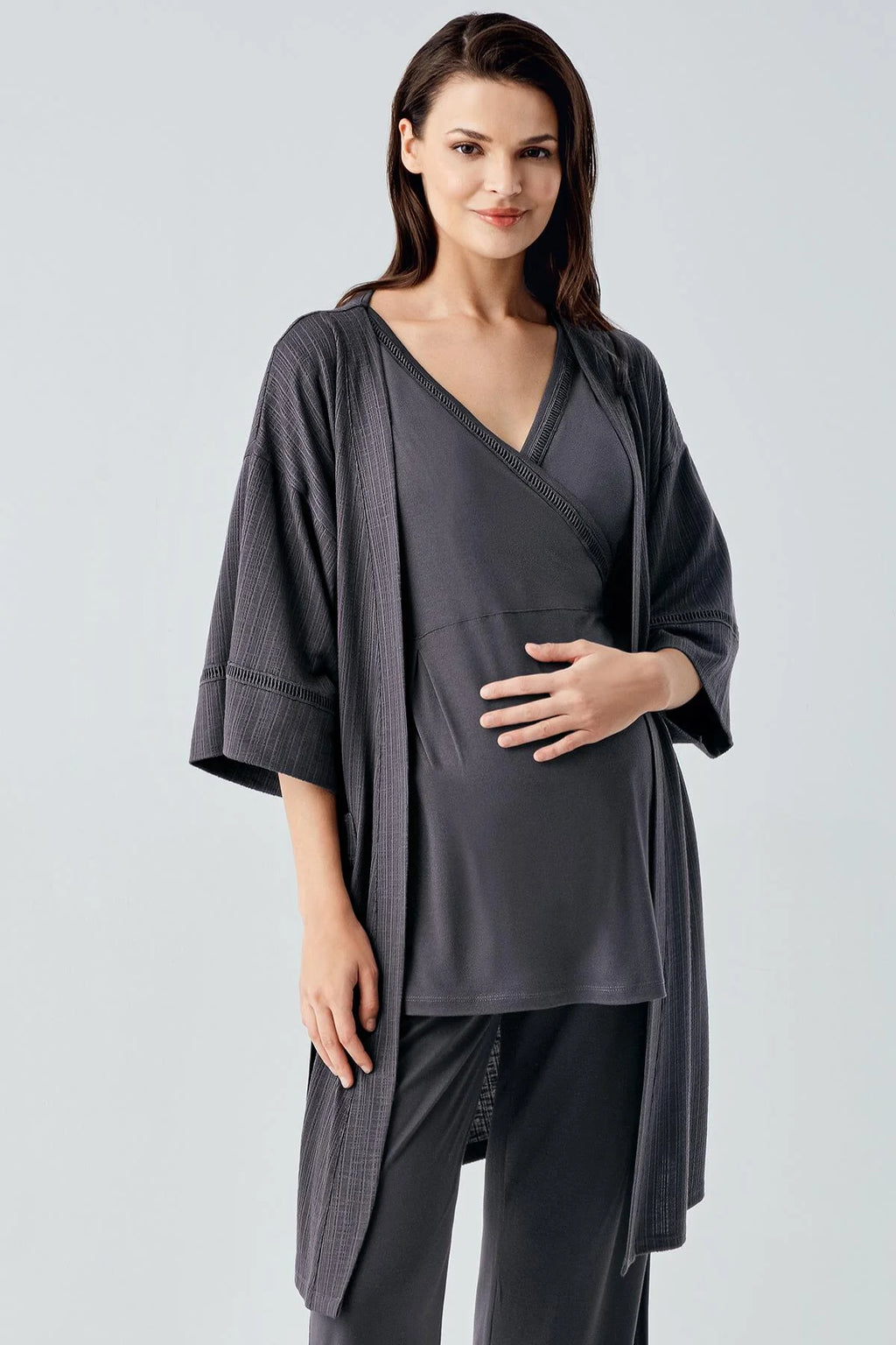 Double Breasted 3-Piece Maternity Feeding-Friendly Pajama & Robe Set Anthracite - S10302