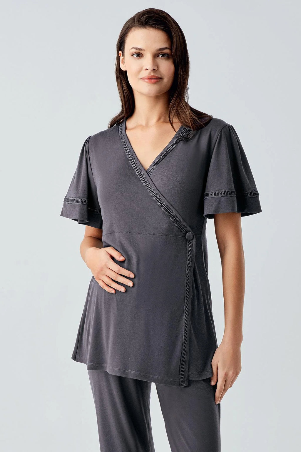 Double Breasted 3-Piece Maternity Feeding-Friendly Pajama & Robe Set Anthracite - S10302