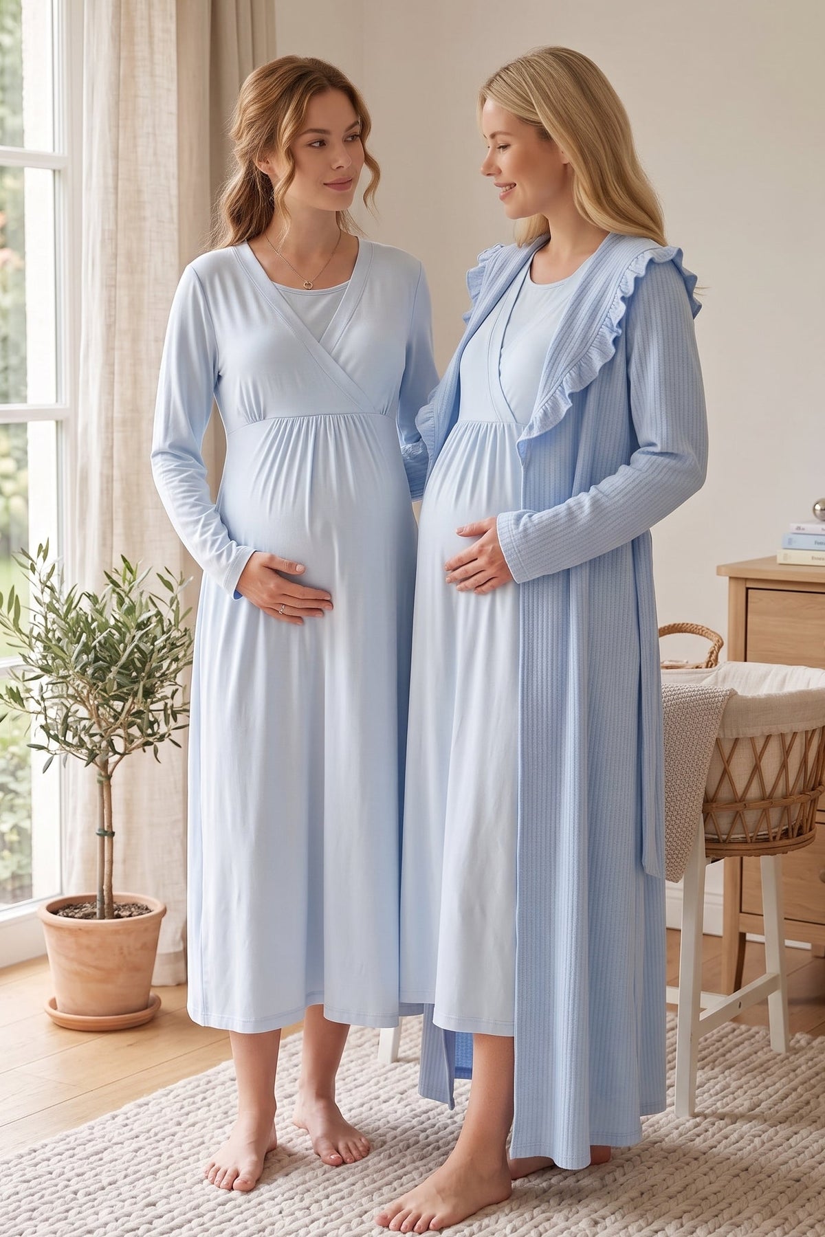Wrap Maternity Feeding-Friendly Nightgown & Frilly Camisole Robe Set Blue - L1038