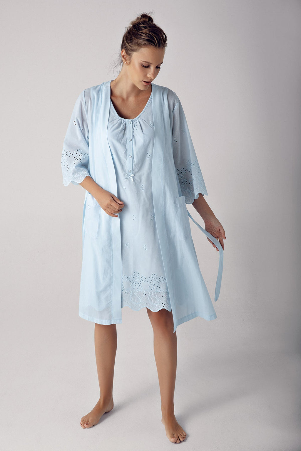 طقم ثوب نوم ورداء منسوج من القطن مناسب للرضاعة، أزرق - 10402