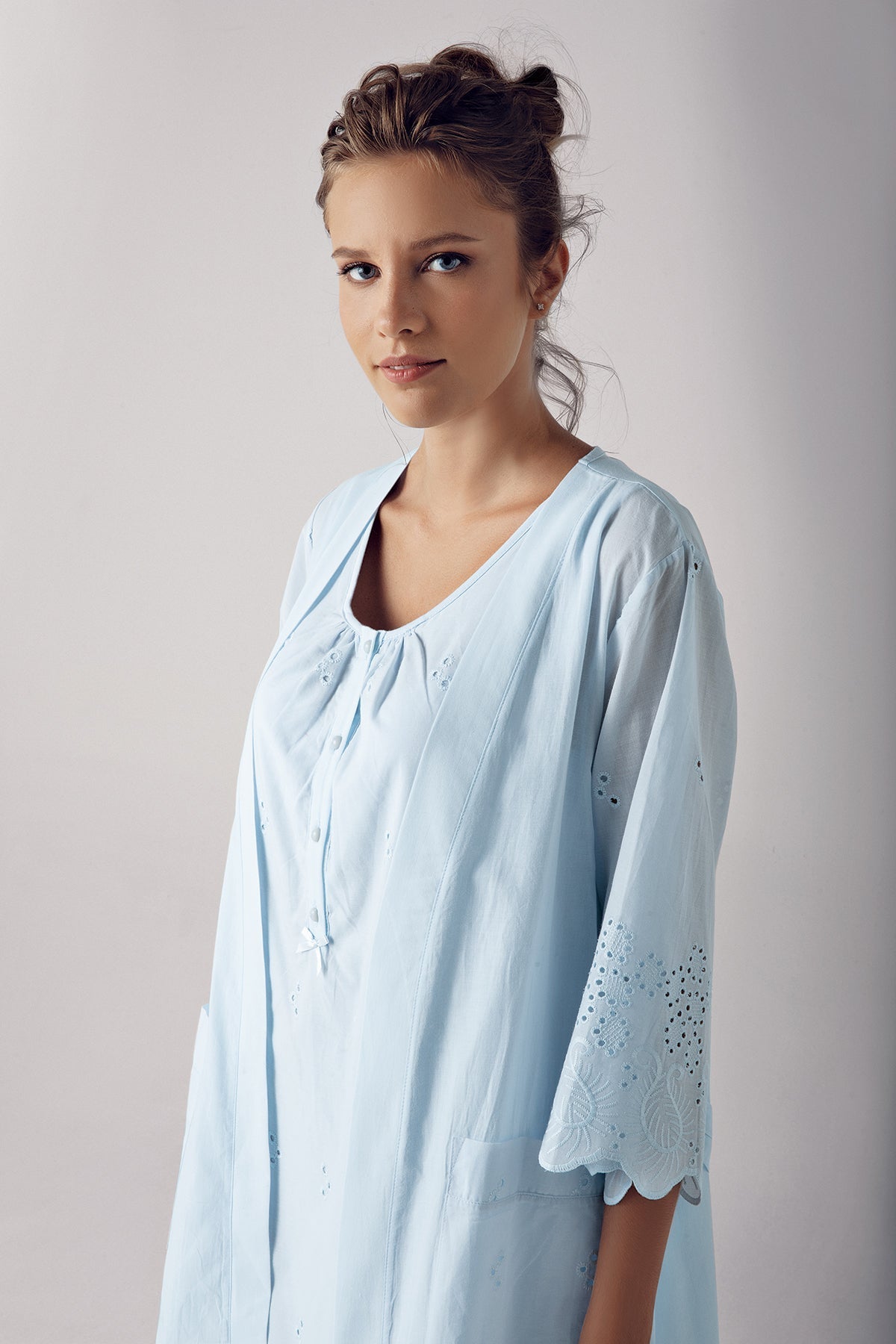 Cotton Weaving Maternity Feeding-Friendly Nightgown & Robe Set Blue - S10402