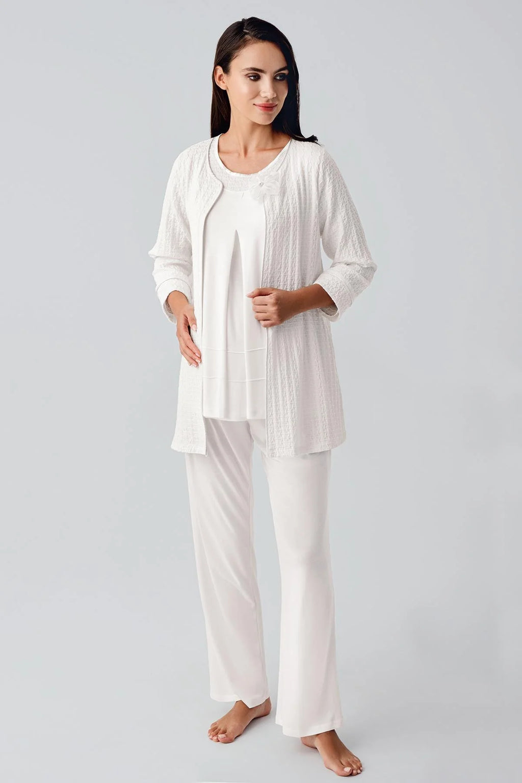 Jacquard 3-Piece Maternity Feeding-Friendly Pajama & Robe Set Ecru - S11300
