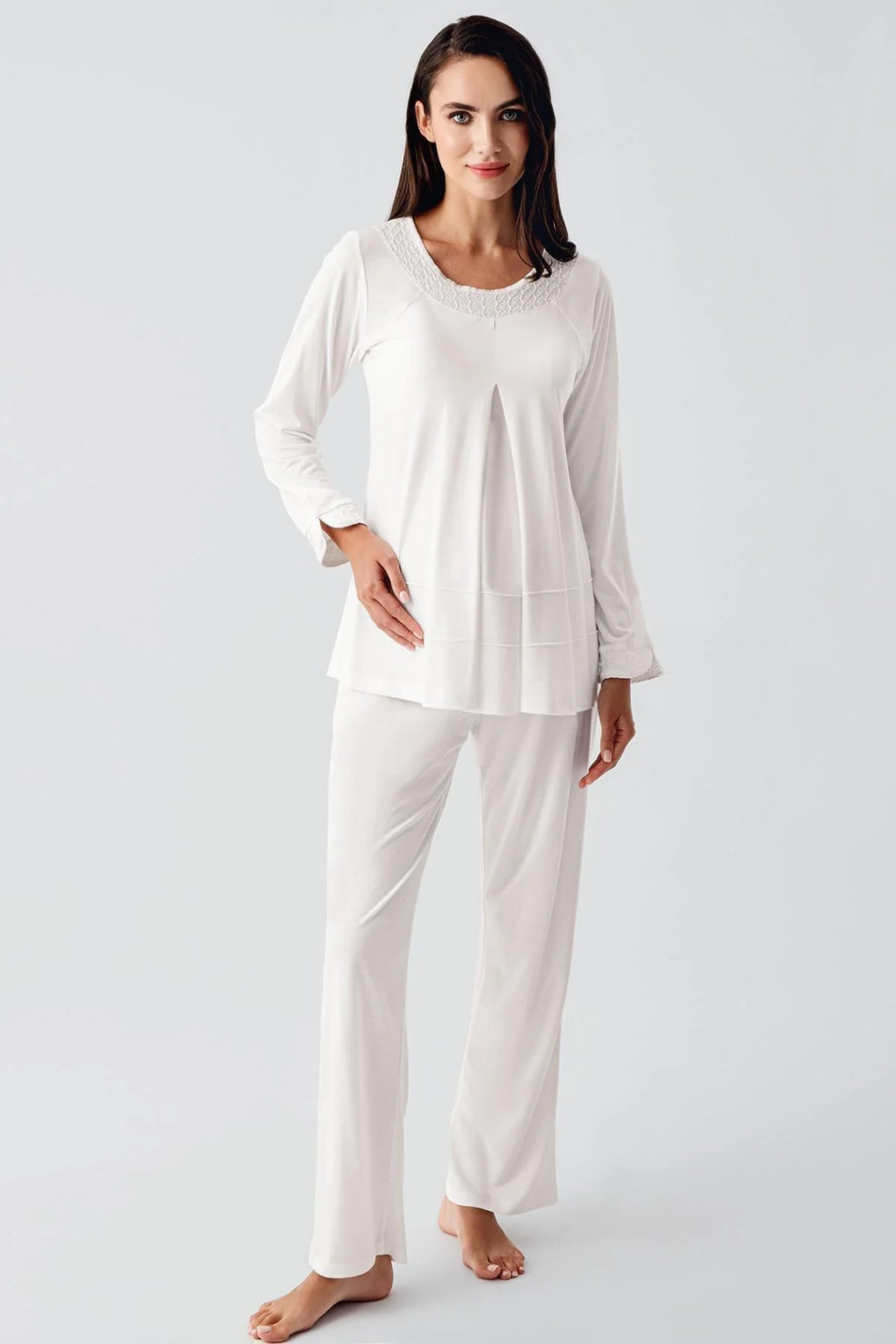 Jacquard 3-Piece Maternity Feeding-Friendly Pajama & Robe Set Ecru - S11300